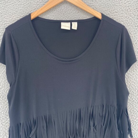 Chicos Dress Womens 3 US Extra Large Black Shift Tiered Fringe Cap Sleeve Knit - Picture 2 of 10